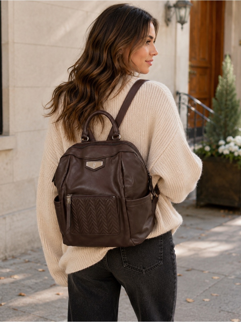 Simply Vera Vera Wang Brown Faux Leather Backpack Purse Quilted Pocket Academia